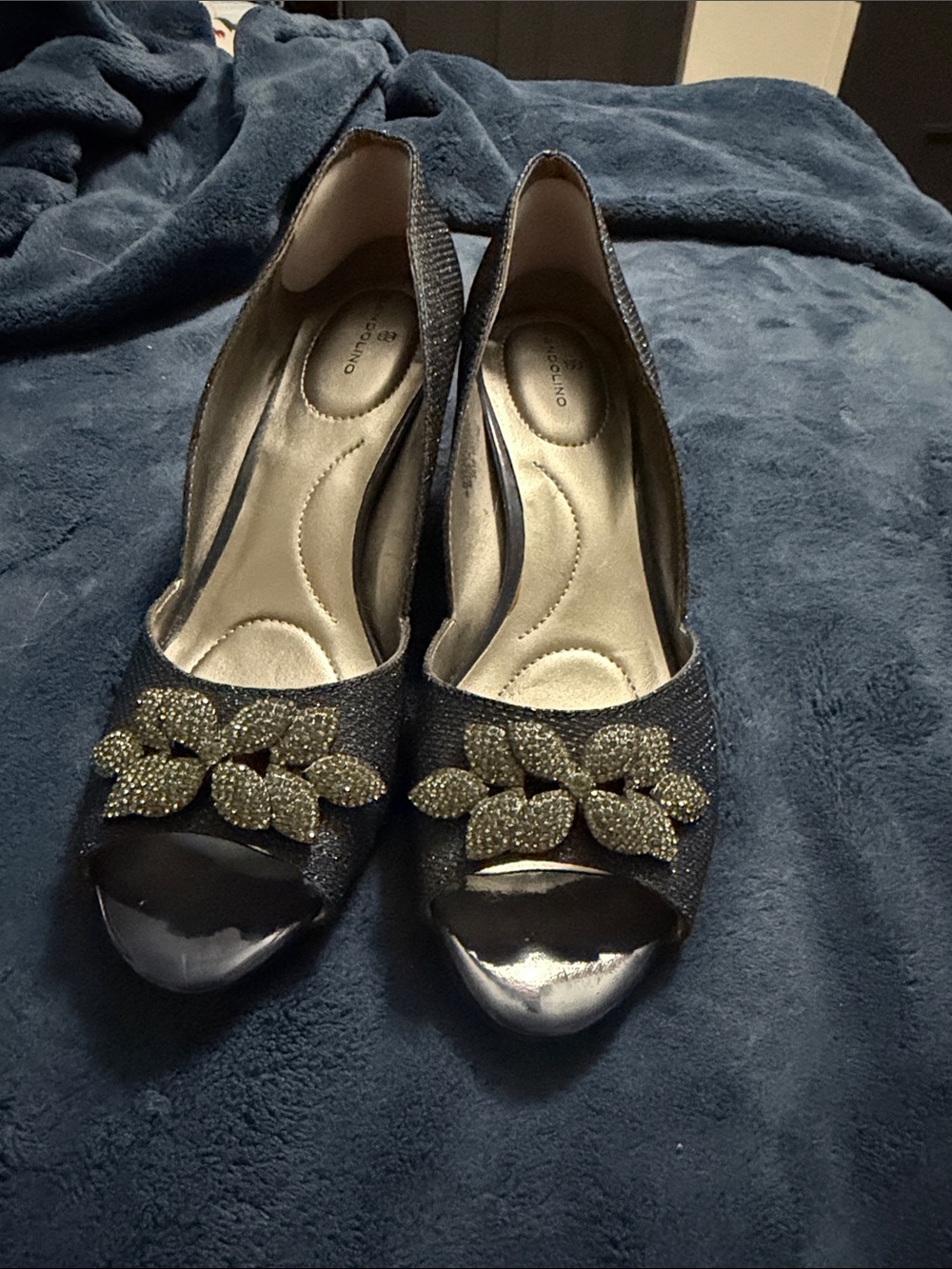 Bandolino Blue Peep-Toe Heels with Black Beaded Leaf Trim
